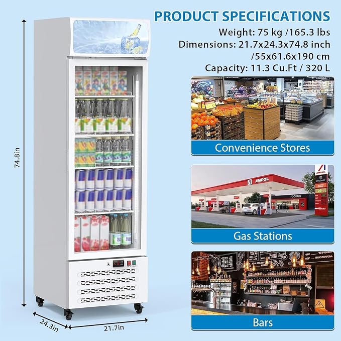 11.3 Cu.Ft Commercial Display Refrigerator, Glass Door Beverage Cooler with Adjustable Shelves, LED Lighting & Advertising Panel, Mobile Design, White