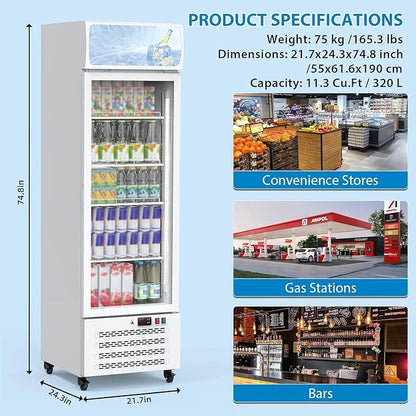 11.3 Cu.Ft Commercial Display Refrigerator, Glass Door Beverage Cooler with Adjustable Shelves, LED Lighting & Advertising Panel, Mobile Design, White