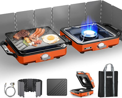 ODSD 2 Burner Camping Stove with Windshield, 20000 BTU Propane Camp Stove, Portable Folding Gas Stove, Camping Essentials Gears Includes Frying Pan, Coffee Stand & Carry Bag (Orange)