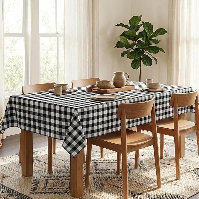 Waterproof Gingham Tablecloth, Checkered Fabric Table Cover for Kitchen Dining, Black & White Plaid Table Cloth, Rectangle Table Cloth for Indoor Outdoor Use, W52 x L70 in