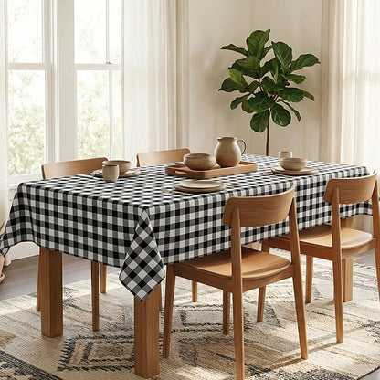 Waterproof Gingham Tablecloth, Checkered Fabric Table Cover for Kitchen Dining, Black & White Plaid Table Cloth, Rectangle Table Cloth for Indoor Outdoor Use, W60 x L144 in