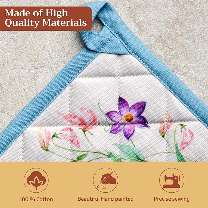 Maison d' Hermine Pot Holders 100% Cotton Heat Resistant Potholders 8" x 8" Hot Pads with Loop BBQ Cooking Baking Hotel Farmhouse Kitchen Handling Hot Pans Spring Summer (Pack of 1, Giverny)