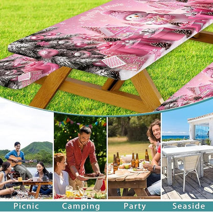 Pink Christmas Snowman Picnic Table Cover with Bench Covers and Bag, Winter Camping Tablecloth Waterproof Windproof Elastic Edges Fitted Rectangle Tables RV Gear Campers Must Have, 3 Pcs, 30x60 Inch