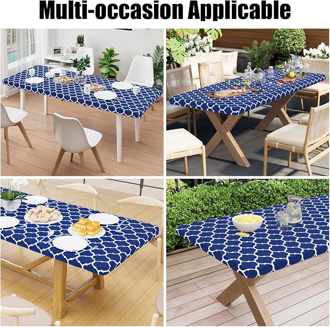 Smiry Picnic Fitted Table Cover, 8 Foot Flannel Backed Vinyl Tablecloth | Waterproof Elastic Stretch Table Cloth, Wipeable Plastic Tablecloth for Camping, Indoor & Outdoor (Navy, 36" x 96")