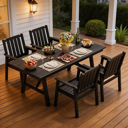 Outdoor Dining Table 6 Person, Rectangle HDPE Patio Table with 2.1" Umbrella Hole, Triangular Legs, Weatherproof Heavy Duty Backyard Furniture for Garden, Deck, Poolside, Easy Assembly (Balck)
