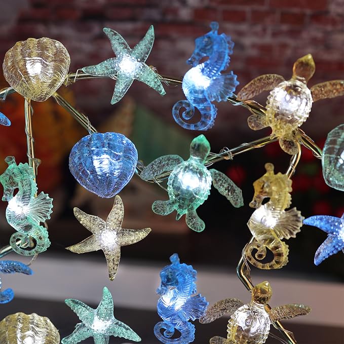 Nautical String Lights Sea Life Ocean Fairy Lights Plug in or Battery Operated Beach Decoration for Bedroom Turtle Seahorse Clam Starfish Marine Life String Lights 30LED 10ft Christmas Window Decor