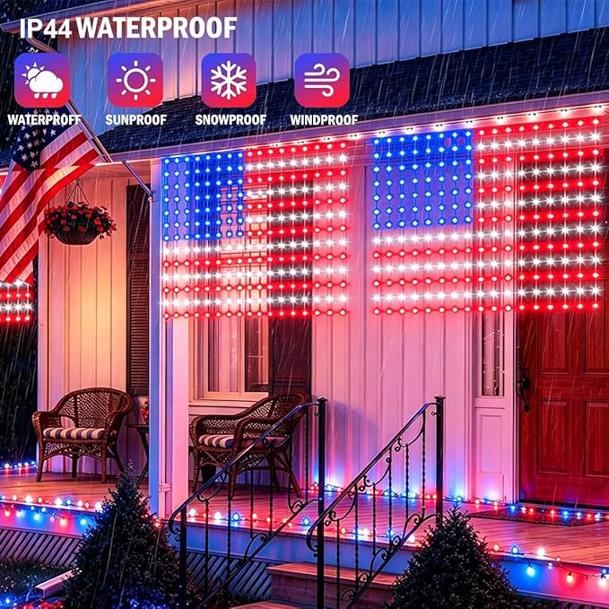 American Flag Curtain Light, USB Powered, 234 LEDs Red White Blue Patriotic American Flag Decor for 4th of July, National Holidays, Memorial Day, Indoor Outdoor Home Porch Courtyard Decoration