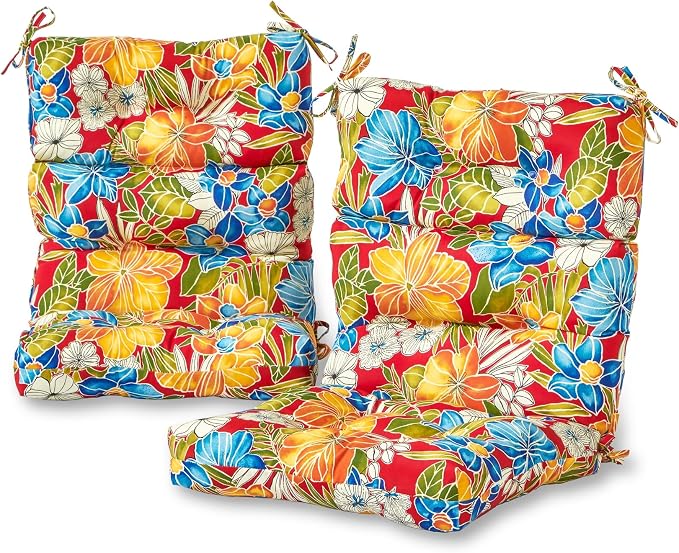 Outdoor Tufted High-Back Chair Cushions, One-Piece Hinged Seat and Back Design, Reversible with 4 Ties, Durable Polyester Fabric, Recycled Fiber Fill - Set of 2, Aloha Red Floral