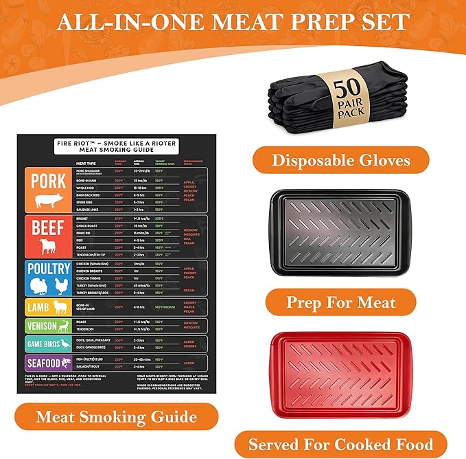 FIRE RIOT Grilling Prep & Serve Trays Set, BBQ Trays for Marinating Raw & Cooked Food with 50 Nitrile Gloves & Meat Smoking Guide, Dishwasher Safe