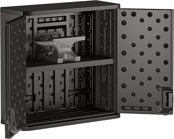 Suncast Commercial 4 Cubic Ft. Heavy-Duty Resin Wall Cabinet with Adjustable Metal-Reinforced Shelf, and Lockable Handles for Indoor and Outdoor Storage, Black, Made in the USA