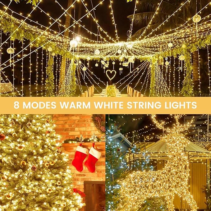 4 Pack String Lights Battery Operated with Timer, 66FT 200 LED Waterproof Battery Twinkle Lights, 8 Modes Fairy Light for Indoor & Outdoor Party Bedroom Porch Tree Christmas Decorations (Warm White)