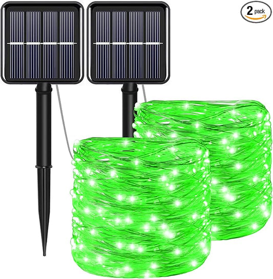 Green Solar Fairy String Lights Outdoor, 2 Pack Each 100LED 8 Modes Copper Wire Lights Christmas Decorations IP67 Waterproof for Garden, Patio, Fence, Balcony