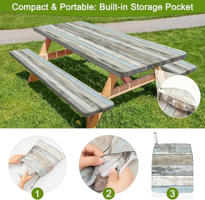 Picnic Table and Bench Cover Set, Waterproof Fitted Elastic Cloth | Portable Camping Essentials With Built-In Storage Pocket And Waterproof Fabric For Outdoor RV Or Picnic Table Use