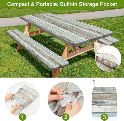 Picnic Table and Bench Cover Set, Waterproof Fitted Elastic Cloth | Portable Camping Essentials With Built-In Storage Pocket And Waterproof Fabric For Outdoor RV Or Picnic Table Use
