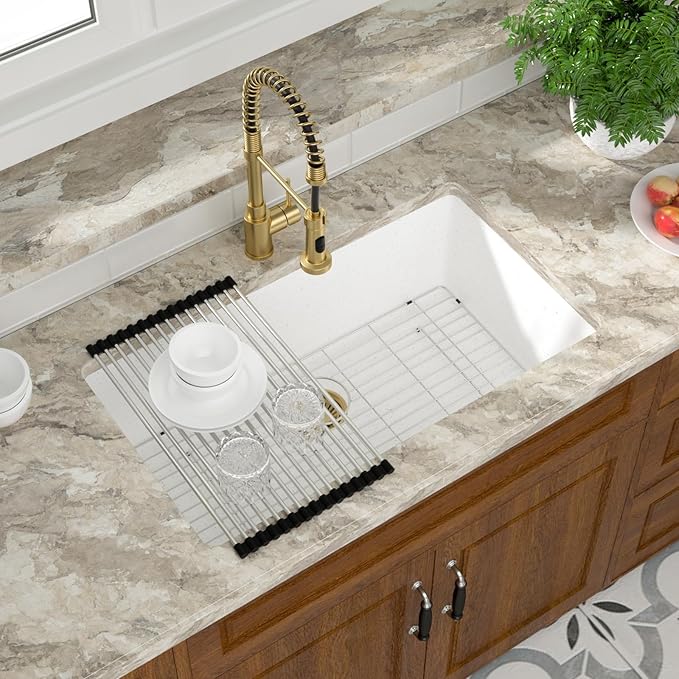Mocoloo 33 Inch Granite Composite Kitchen Sink - 33 x 19 inch White Undermount Kitchen Sinks, Matte White Quartz Single Bowl Under Counter Sink