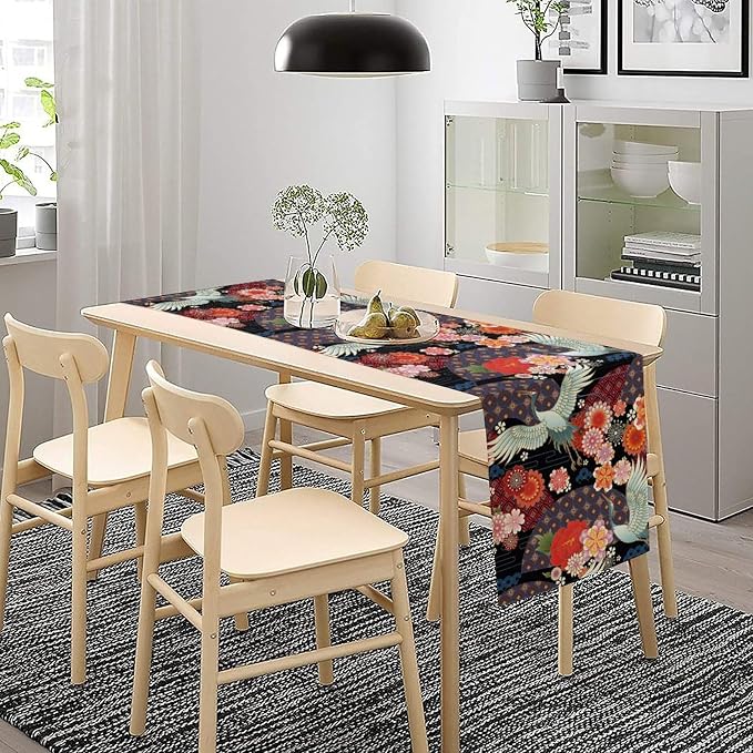 Japanese Table Runner Oriental Vintage Asian Chinese Traditional Cranes Florals Dinner Runner Table Decoration for Home Kitchen Dining Table Party Decoration 13x108in