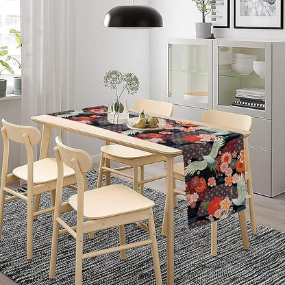 Japanese Table Runner Oriental Vintage Asian Chinese Traditional Cranes Florals Dinner Runner Table Decoration for Home Kitchen Dining Table Party Decoration 13x108in