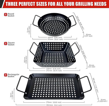 Qetumst Small Non-Stick 3 Piece Grill Basket Set – BBQ Grilling Basket for Vegetables, Seafood & Meat – Heavy Duty Perforated Grill Pan for Charcoal, Gas and Outdoor Grills, Easy to Clean Grilling Accessories