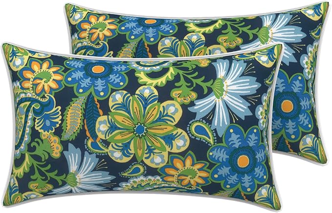 LVTXIII 2 Pack Outdoor Lumbar Pillow Covers 12x20 Inch with Piping, Water-Repellent Back Cushion Covers ONLY for Patio Furniture, Sofa, Garden Bench, Bohemian Azure