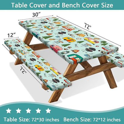 Camping Picnic Table Cover with Bench Covers and Bag, Camping Essentials, Waterproof Windproof Fabric, Fitted Tablecloth Cover with Elastic Edge, for Indoor & Outdoor, Garden, 3 PCS, 30x72 Inch