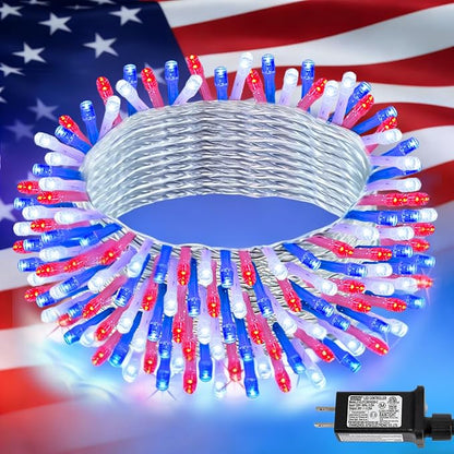 YEGUO 66ft 200 LED Red White and Blue Lights, 4th of July Decorations String Lights Plug in Indoor Outdoor, 8 Modes Clear Wire Patriotic Light for Independence Day Holiday Memorial Day Party Decor