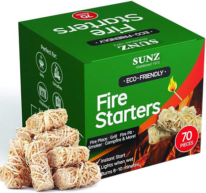 Bangerz Sunz Natural Fire Starters - 70 Pieces. All Weather Charcoal & BBQ Fire Starters for Fireplace, Campfires & Grill
