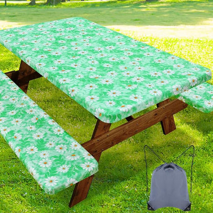Smiry Picnic Table Cover with Bench Covers, Waterproof Elastic Fitted Tablecloth for 6 Foot Tables, Washable Polyester Tablecloths for Camping, Indoor & Outdoor (Green Daisy, 30x72 Inch 3-pc Set)