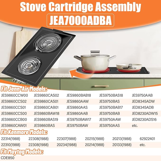 Upgraded JEA7000ADBA Coil Element Cartridge Compatible with Jenn Air Cooktop Replacement Parts Range Stove Cartridge For Whirlpool Electric Burner Cartridge JEA7000ADB With Drip Pans