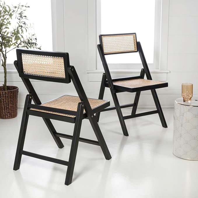 JONATHAN Y Theo Teak Wood and Rattan Folding Chairs, Set of 2, Black | Woven Cane Seat, Back, Portable Lightweight Design, For Dining Room, Living Room, Mid-Century Vintage Bohemian Style