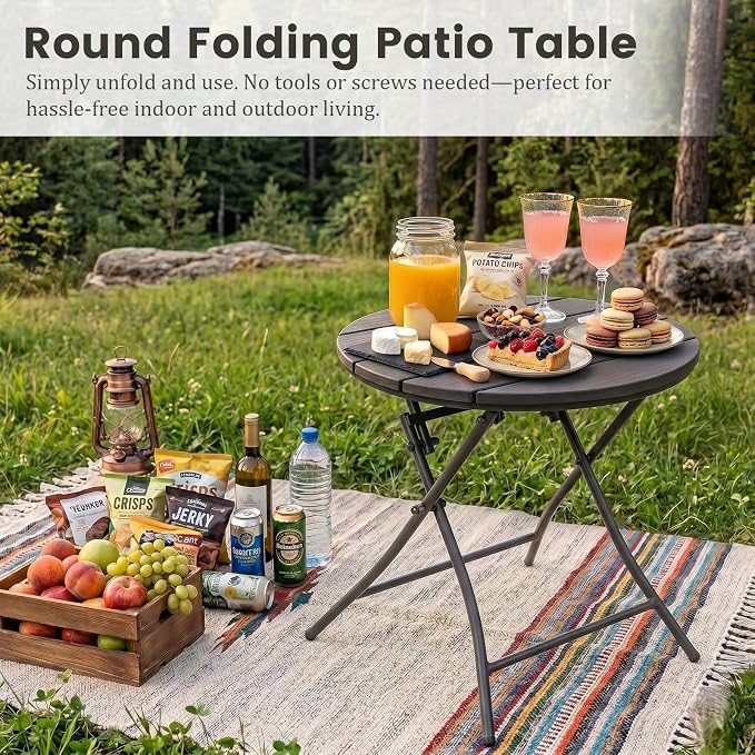 TeoKJ Folding Black Small Outdoor Side Tables, HDPS Patio Table | Metal Round Anti Rust Patio Desk, No Assembly Small Nightstand for Yard, Balcony, Lawn, Pool, Lightweight, Black
