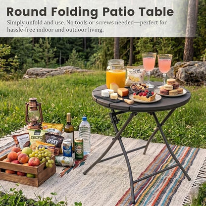 TeoKJ Folding Black Small Outdoor Side Tables, HDPS Patio Table | Metal Round Anti Rust Patio Desk, No Assembly Small Nightstand for Yard, Balcony, Lawn, Pool, Lightweight, Black