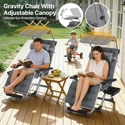 Suteck Zero Gravity Chair with Canopy, 29In XL Oversized Lounge Chairs | w/Removable Cushion&Headrest, Upgraded Lock and Footrest, Folding Reclining Patio Chairs Recliner for Indoor Outdoor