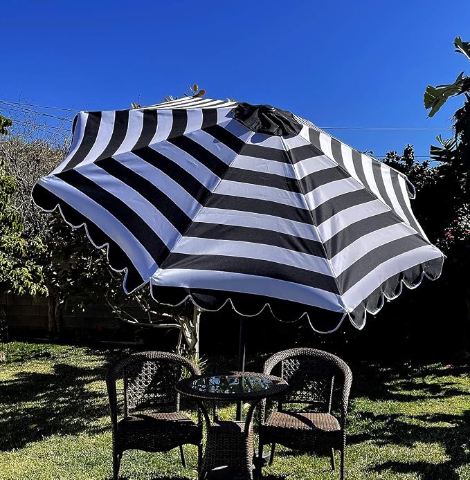 BELLRINO DECRO Black / White Scalloped Edge Replacement Edge Umbrella Canopy for 9ft 8 Ribs (Canopy Only) C004-8BW-BLACK