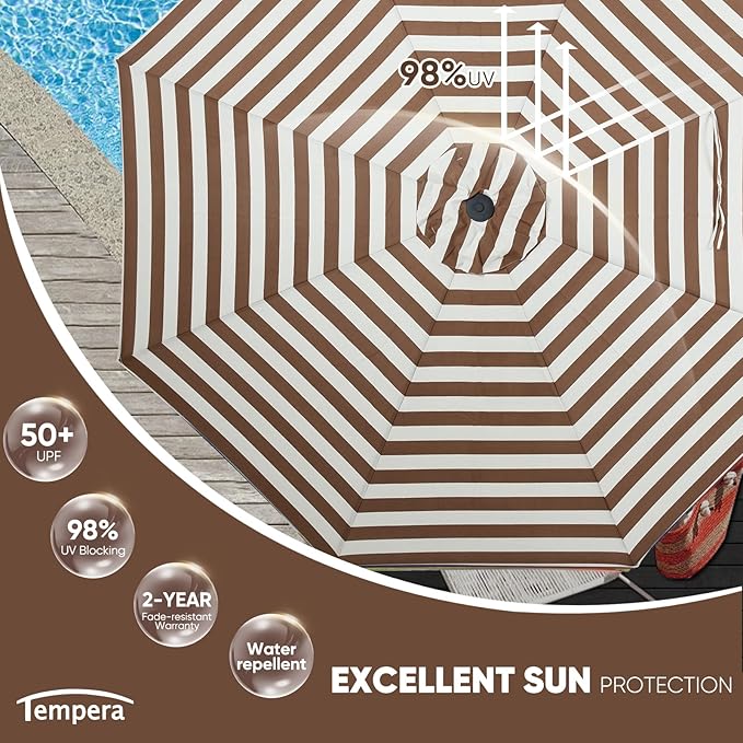 Tempera Patio Market Outdoor Table Umbrella with Push Button Tilt and Crank, Large Sun Umbrella with Sturdy Pole & Fade Resistant Canopy, Easy to Set