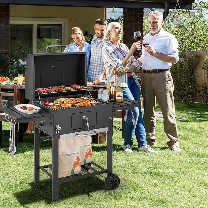 Giantex 24-Inch Charcoal Grill - 2 Foldable Side Tables, Bottom Storage Shelf, 8 Hooks, Adjustable Charcoal Tray, Pull-out Ash Tray, Outdoor BBQ Grill for Family Gatherings Backyard Party Camping