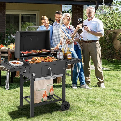 Giantex 24-Inch Charcoal Grill - 2 Foldable Side Tables, Bottom Storage Shelf, 8 Hooks, Adjustable Charcoal Tray, Pull-out Ash Tray, Outdoor BBQ Grill for Family Gatherings Backyard Party Camping