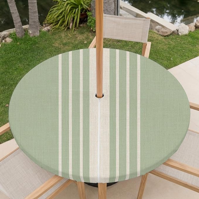 Outdoor Fitted Tablecloth with Umbrella Hole and Zipper, Sage Green Beige Striped Elastic Round Patio Table Cover, Farmhouse Retro Lines Modern Table Protector for Backyard BBQ Party 55''-60''