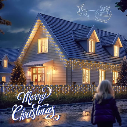 200ct Blue&Clear Mini Icicle Christmas Lights, 23FT White Wire Incandescent Bulb String Lights, Connectable Indoor Outdoor for Eaves, Window, Curtain, Party, Wedding