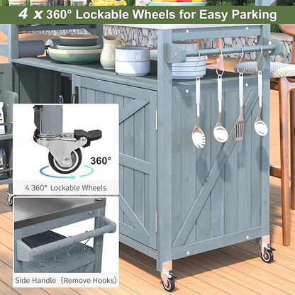 53.3" Outdoor Kitchen Island with Raised Shelf, Solid Wood Rolling Grill Cart with Stainless Steel Top, Storage Cabinet with Internal Racks, Adjustable Shelves & Spice Rack