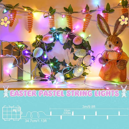cshare Easter String Lights Battery Operated,Pastel Easter Lights with Timer 9.8ft 30LED Transparent Wire Fairy Lights for Easter Decorations Garland Outdoor Indoor Party