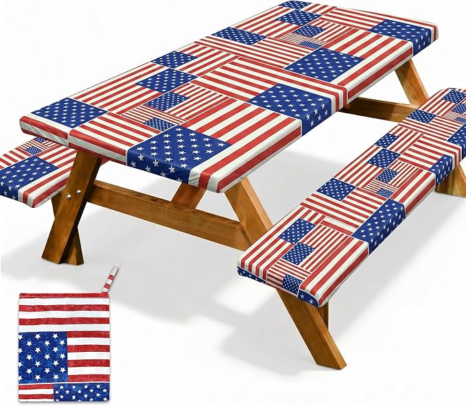 Picnic Table Cover with Bench Covers Windproof Waterproof Picnic Table Covers Camping Tablecloth with Self-Storage Bag, 72in, Multi Flag Patchwork