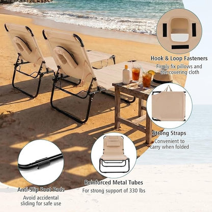 GYMAX Tanning Chair, Folding Lounge Chairs with Face Hole & Cover, Removable Pillow Carry Handle, Portable Compact Outdoor Layout Recliner for Beach, Poolside, Lawn, Patio, Camping (Sand,1)