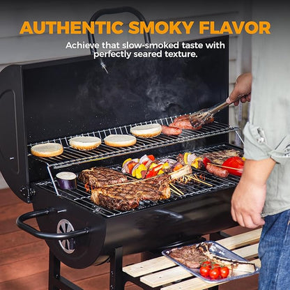 MASTER COOK Barrel Charcoal Grill with Foldable Front Wood Shelf, 686 Sq.in. Cooking Area Outdoor bbq Grill, Thermometer and Adjustable Air Vents for Backyard, Patio, Parties, Tailgating