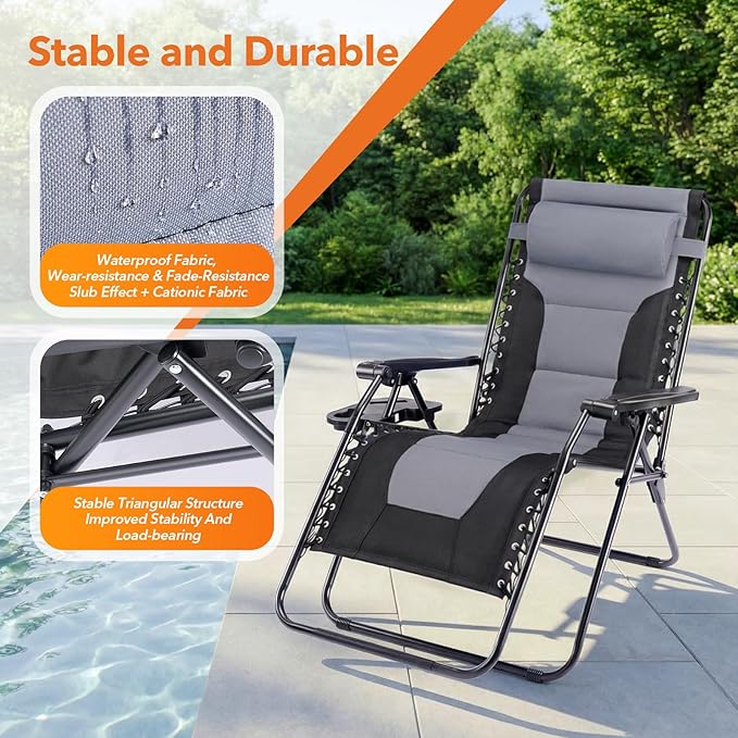 Sweetcrispy Zero Gravity Chairs, Foldable Patio Reclining Chairs with Adjustable Pillow & Cup Holder, Oversized Portable Support 400 lbs, for Backyard Camping, Black-Gray