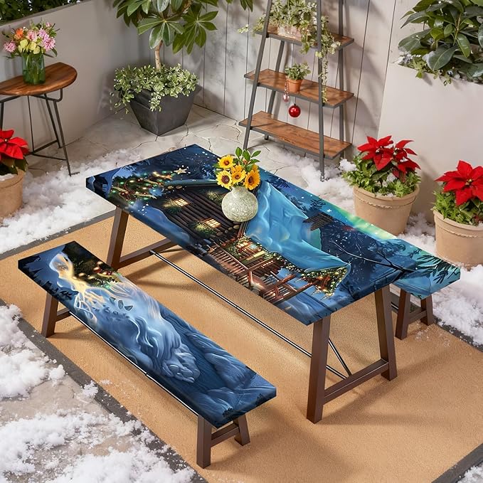 Christmas Picnic Table Cover with Bench Cover, Outdoor Picnic Table Elastic Tablecloth, Green Santa Claus and Reindeer Design, Camping, Barbecue and Holiday Party Tablecloth