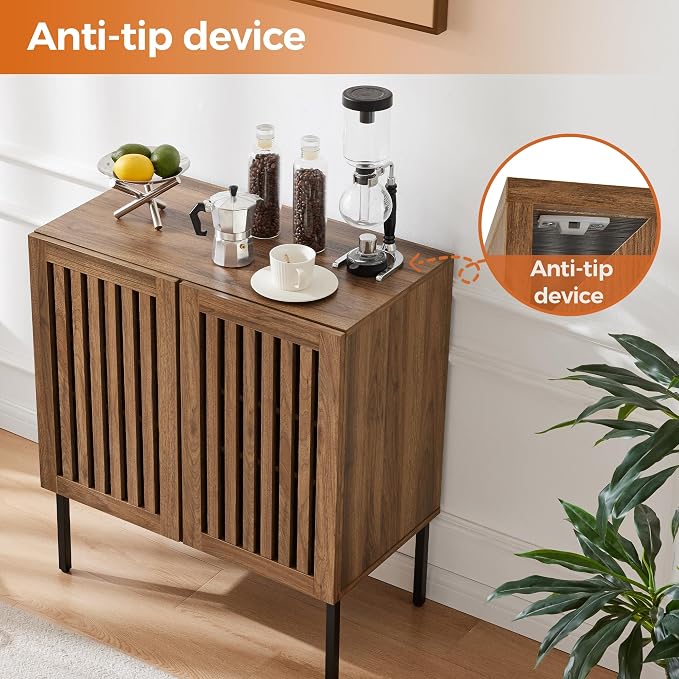 Grille Buffet Cabinet with Storage, Sideboards 2 Doors with Metal Base and Adjustable Shelf for Kitchen, Coffee Bar, Dining Room, Entryway, Hallway,Living Room