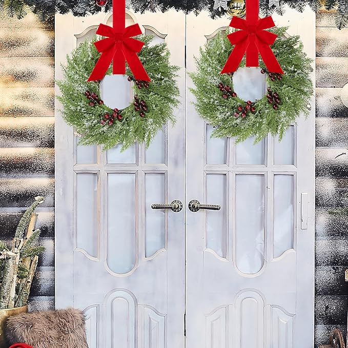 4 Pcs Small Christmas Norfolk Wreaths 15 Inch Christmas Kitchen Cabinet Mini Wreath with Bow Ribbon Cedar Berry for Xmas Front Door Window Chair Fireplace Table Pillar Farmhouse