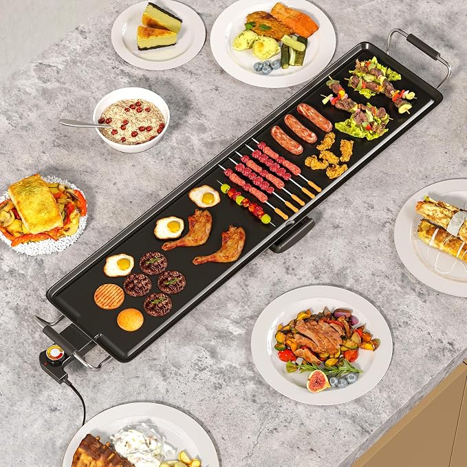 LDAILY 39.5’’ Extra Large Nonstick Electric Griddle, Teppanyaki Grill BBQ W/ 4 Adjustable Temperature, Even Heating & Handles, Long Table Top Pancake Griddle Grill for Indoor & Outdoor Party, Camping