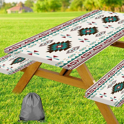 JAWO Fitted Picnic Table and Bench Cover, Southwest Aztec Navajo Tribal Geometric Pattern Waterproof Elastic Picnic Tablecloth for Outdoor Camping Patio Backyard Park, 30X60inch