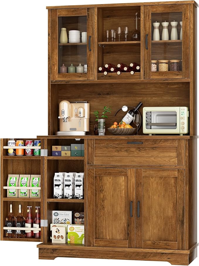 Shintenchi Kitchen Pantry Storage Cabinet, Freestanding Buffet Cabinet with Microwave Stand & 3 Door Shelves, Kitchen Hutch with Doors, Adjustable Shelves and Wine Rack, Brown